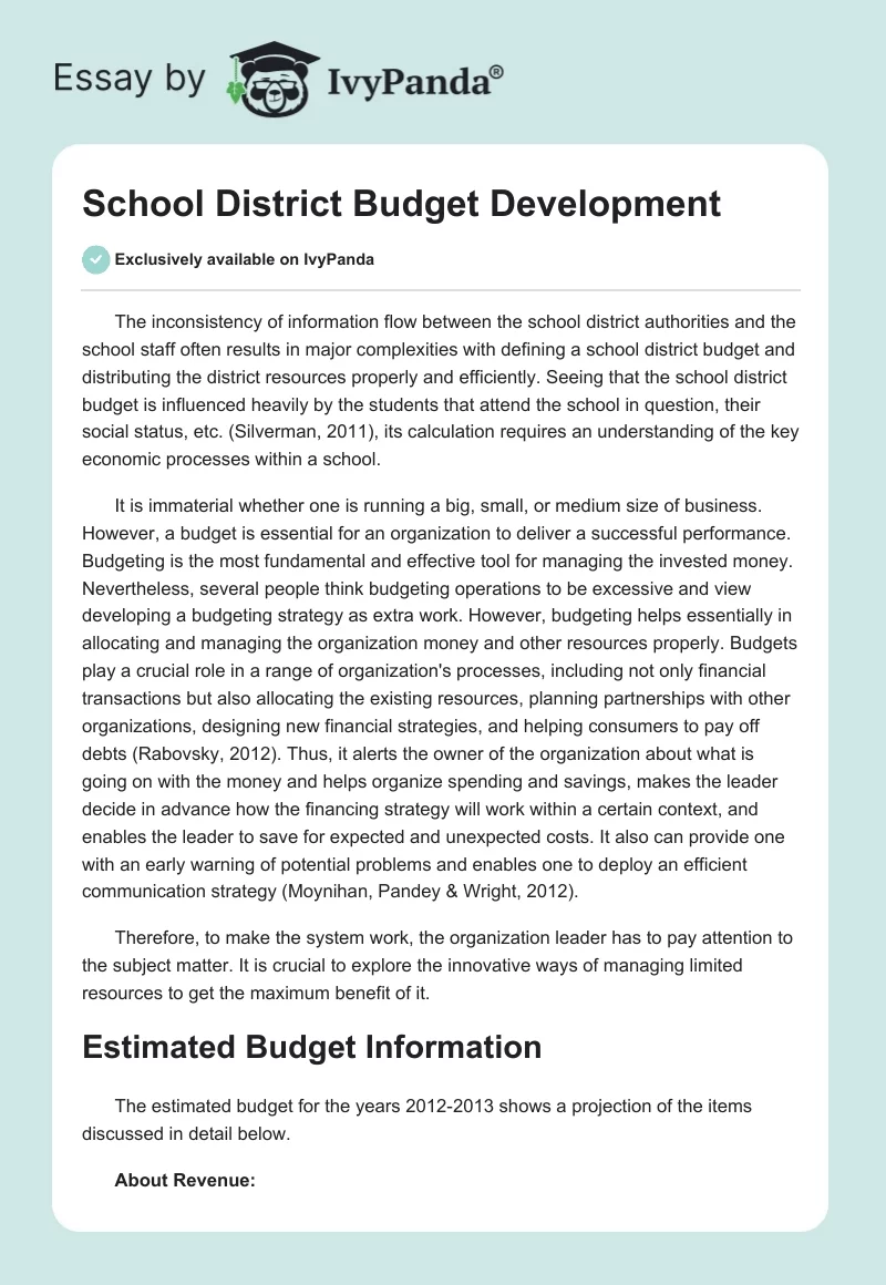 School District Budget Development. Page 1