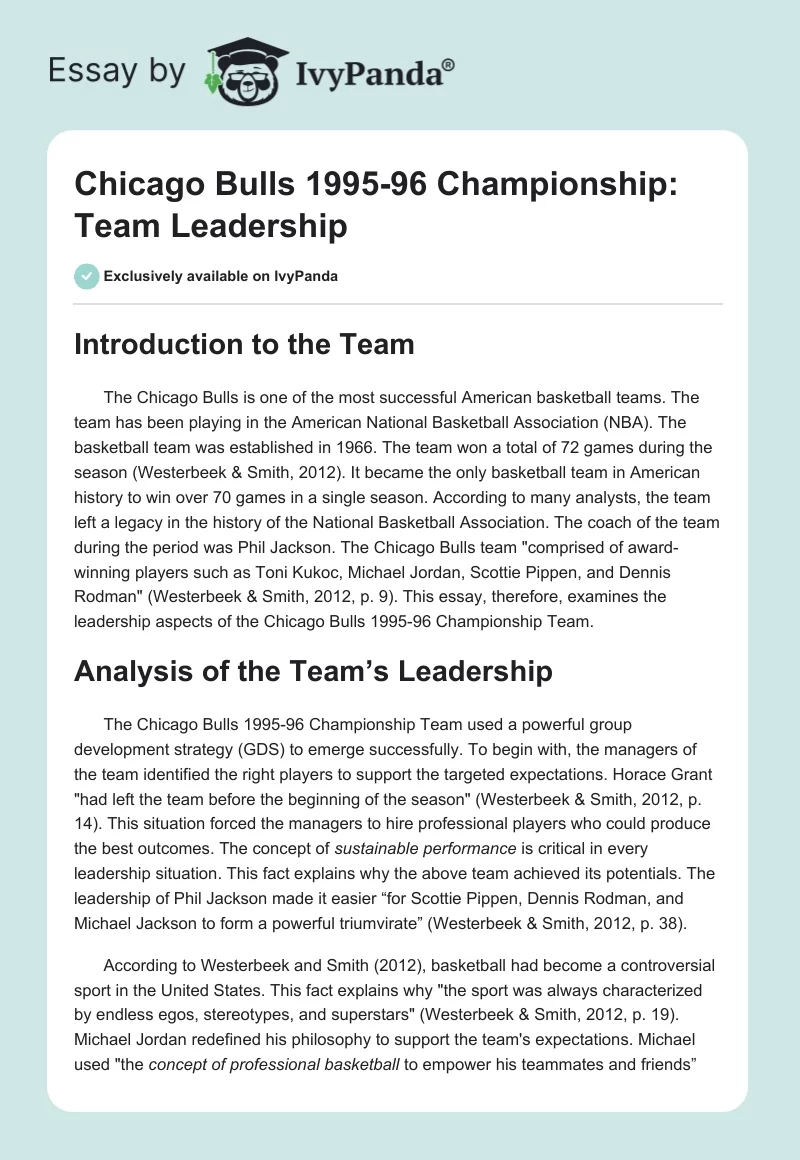 Chicago Bulls 1995-96 Championship: Team Leadership. Page 1