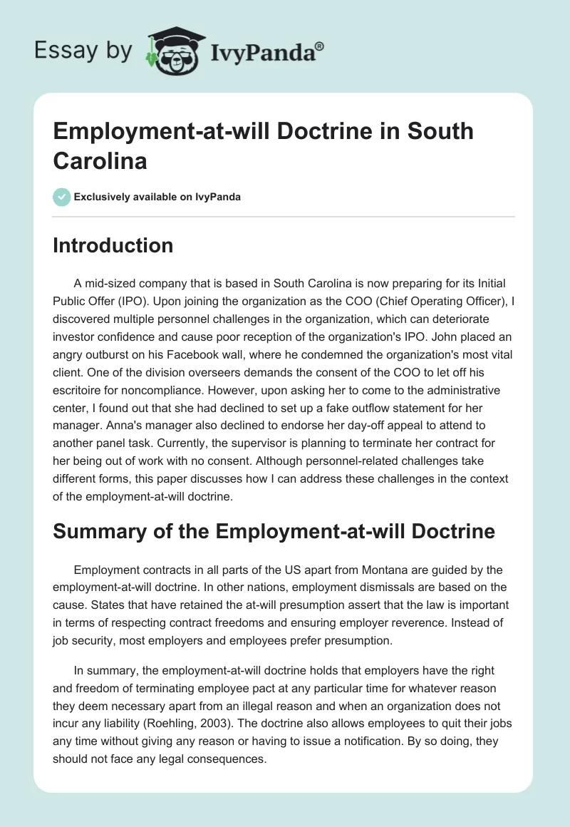 Employment-at-will Doctrine in South Carolina. Page 1