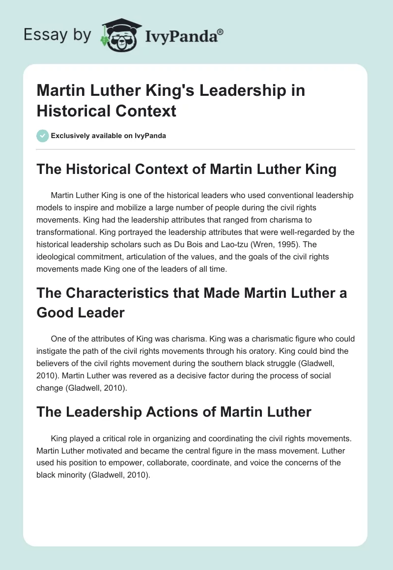 Martin Luther King's Leadership in Historical Context. Page 1