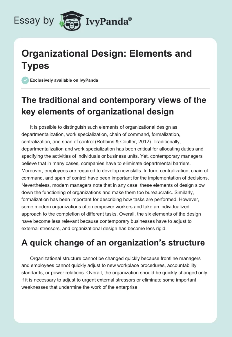 Organizational Design: Elements and Types. Page 1