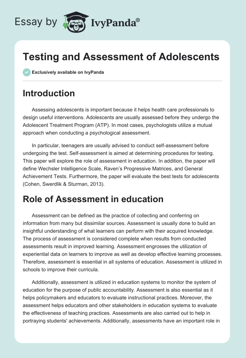 Testing and Assessment of Adolescents. Page 1