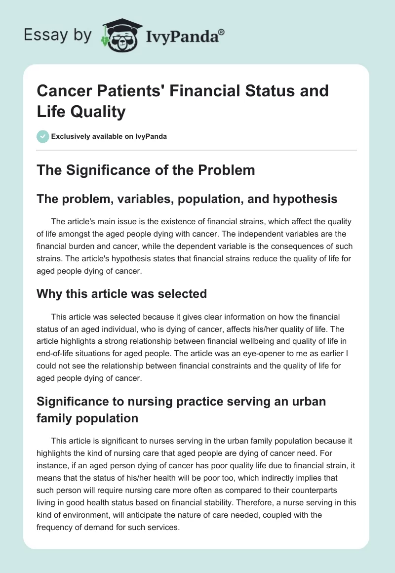 Cancer Patients' Financial Status and Life Quality. Page 1