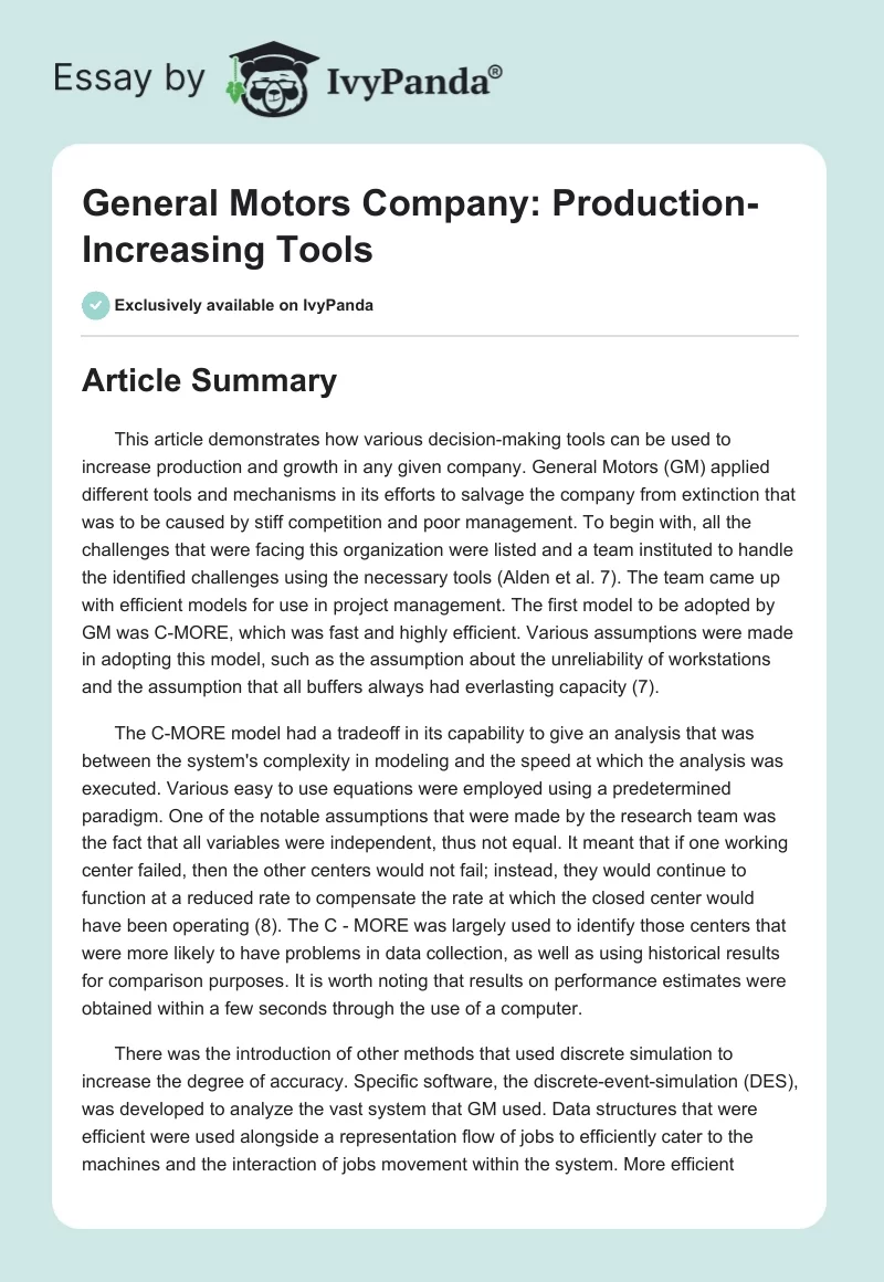 General Motors Company: Production-Increasing Tools. Page 1