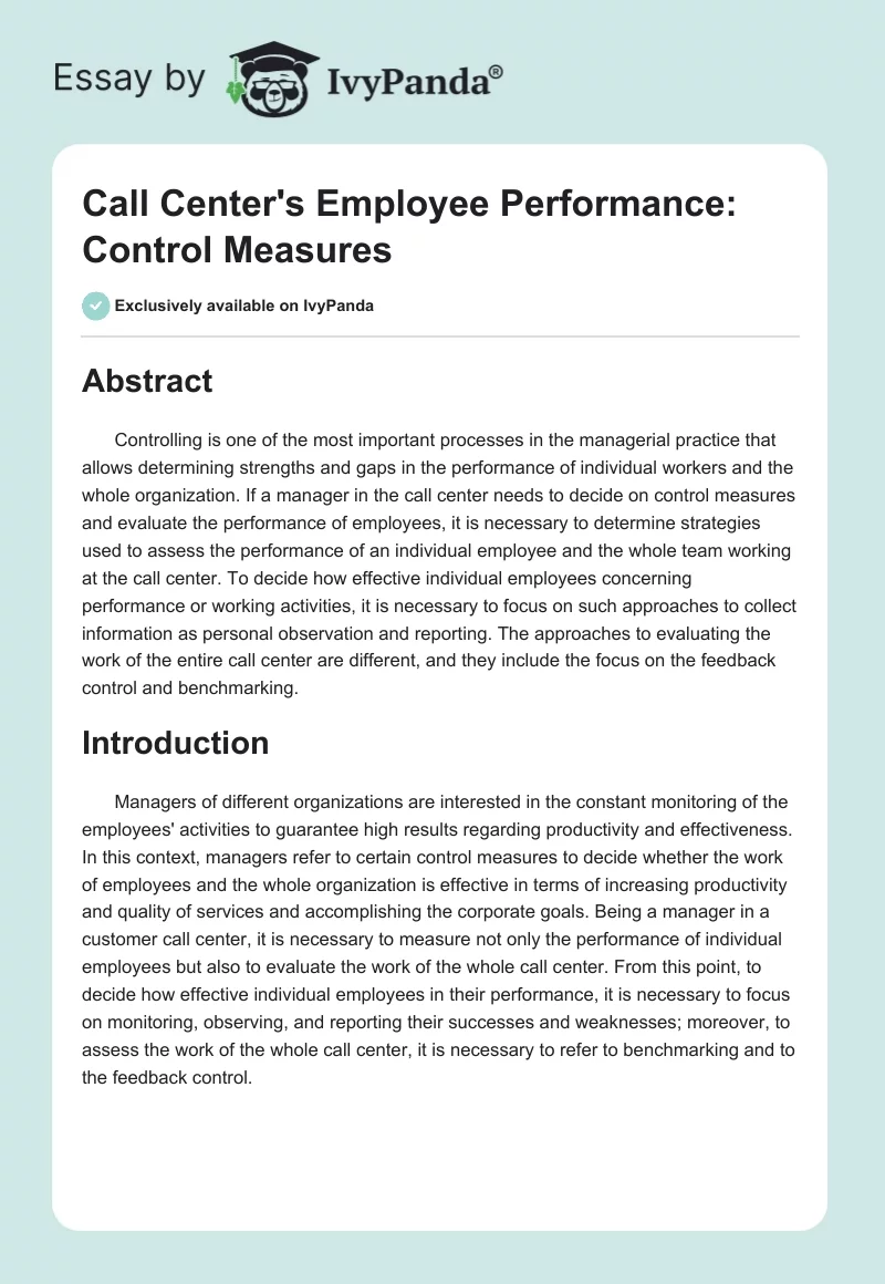Call Center's Employee Performance: Control Measures. Page 1