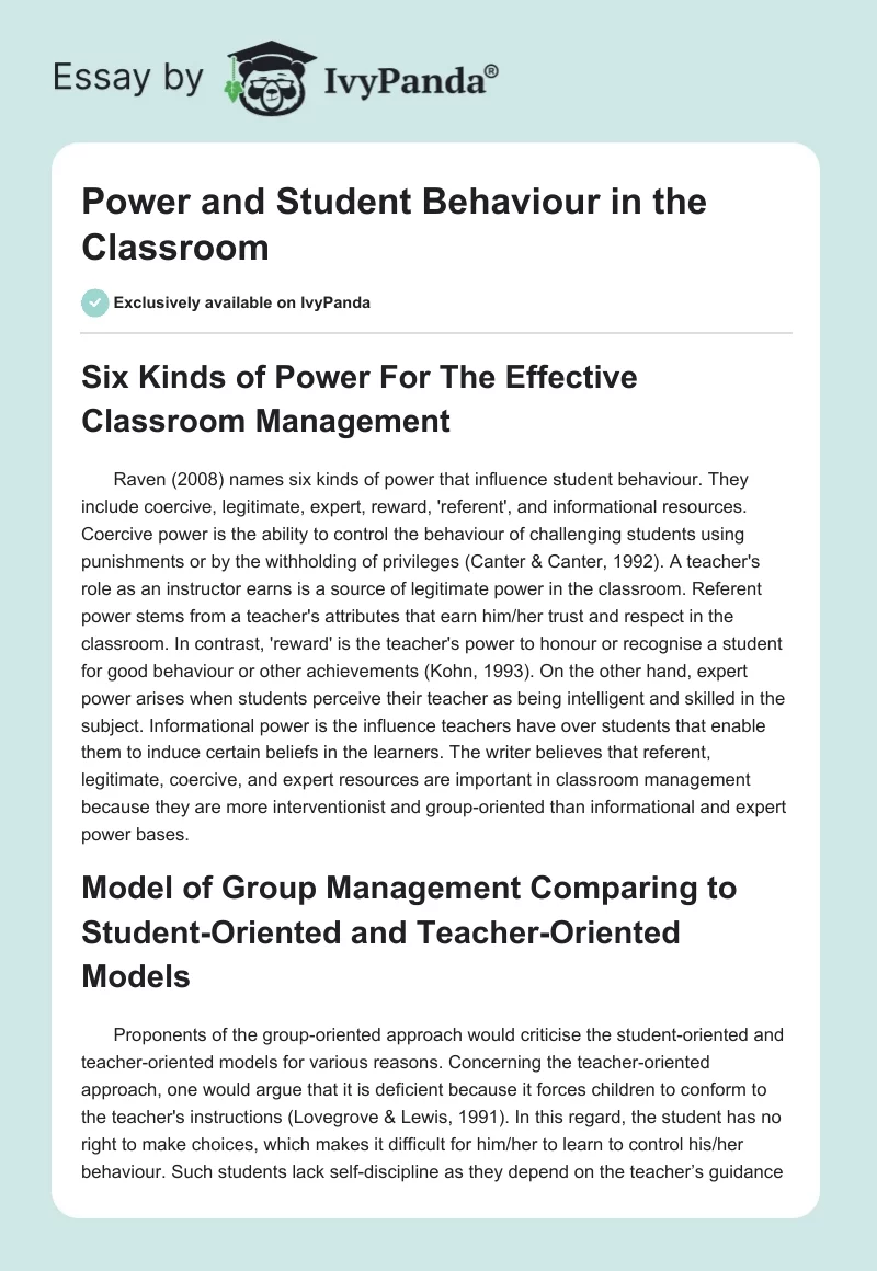 Power and Student Behaviour in the Classroom. Page 1
