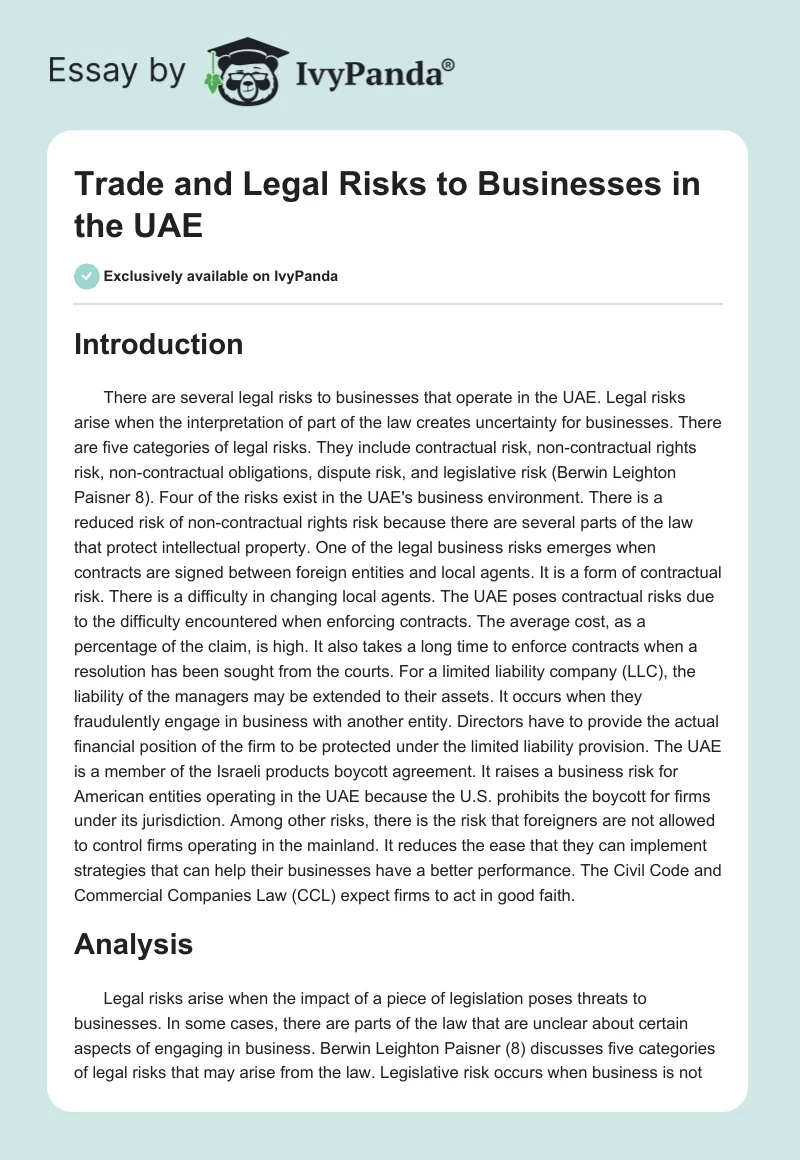 Trade and Legal Risks to Businesses in the UAE. Page 1