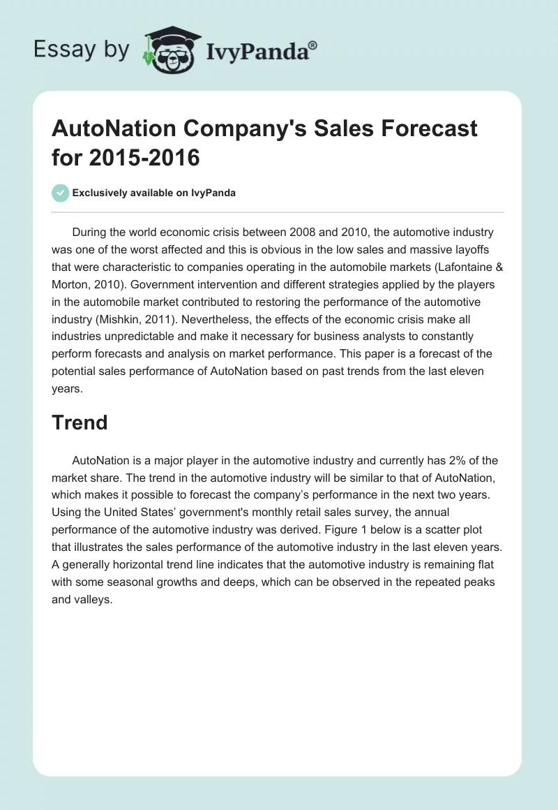 AutoNation Company's Sales Forecast for 2015-2016. Page 1