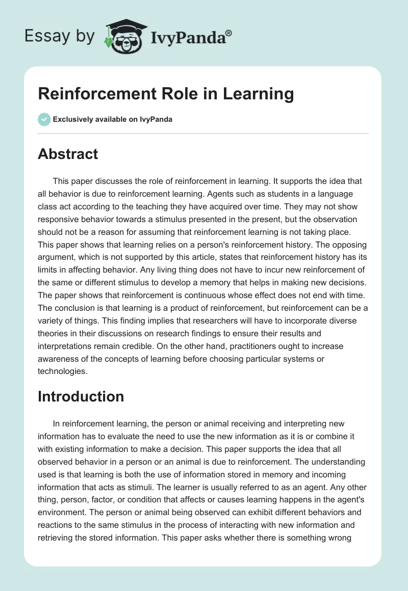 Reinforcement Role in Learning. Page 1