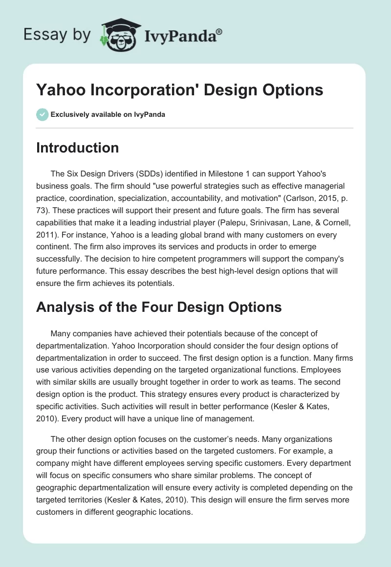 Yahoo Incorporation' Design Options. Page 1
