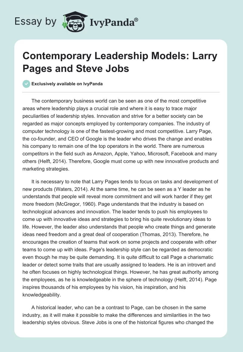 Contemporary Leadership Models: Larry Pages and Steve Jobs. Page 1