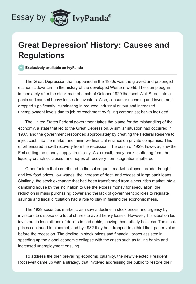 Great Depression' History: Causes and Regulations. Page 1