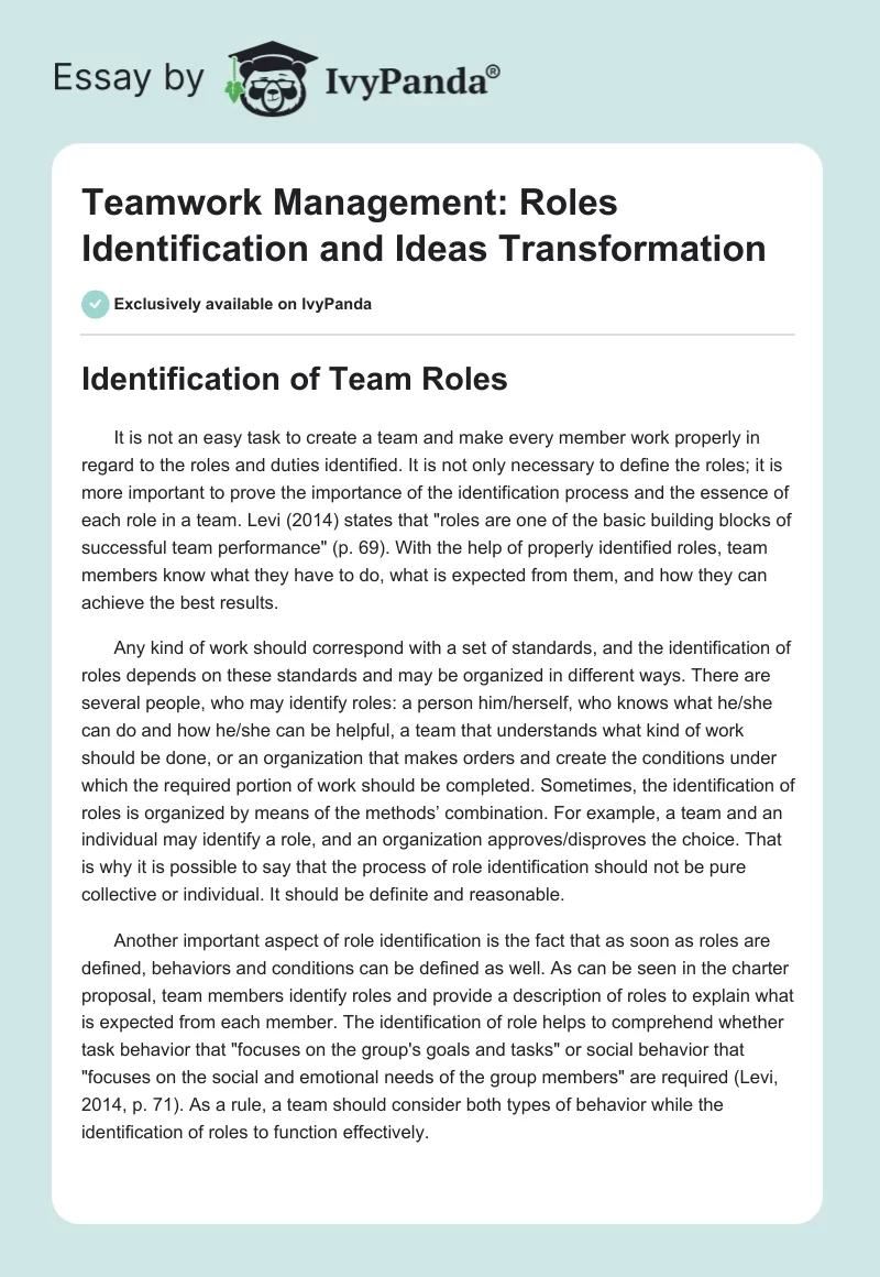 Teamwork Management: Roles Identification and Ideas Transformation. Page 1