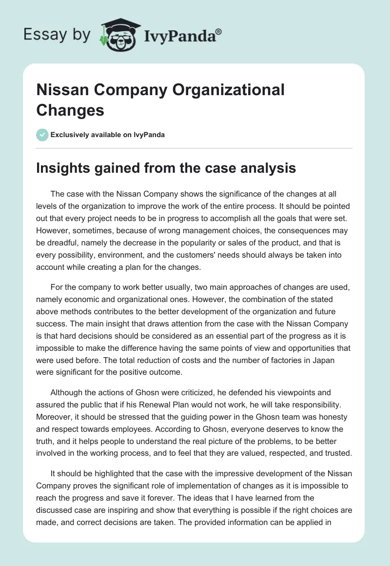 Nissan Company Organizational Changes. Page 1