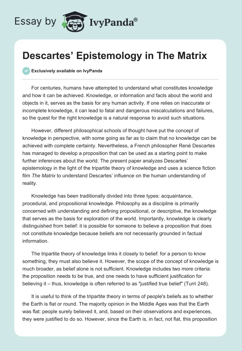 Descartes’ Epistemology in "The Matrix". Page 1