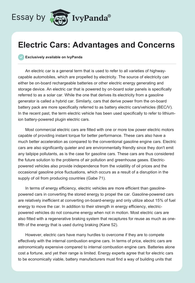 Electric Cars: Advantages and Concerns. Page 1