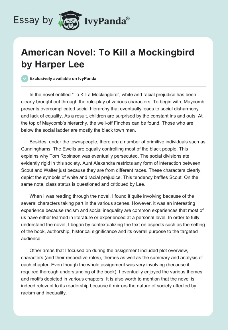 American Novel: "To Kill a Mockingbird" by Harper Lee. Page 1