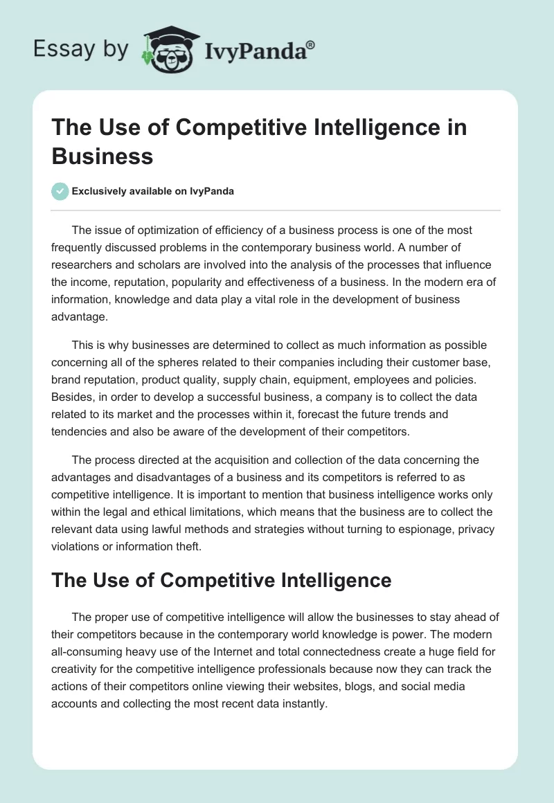 The Use of Competitive Intelligence in Business. Page 1