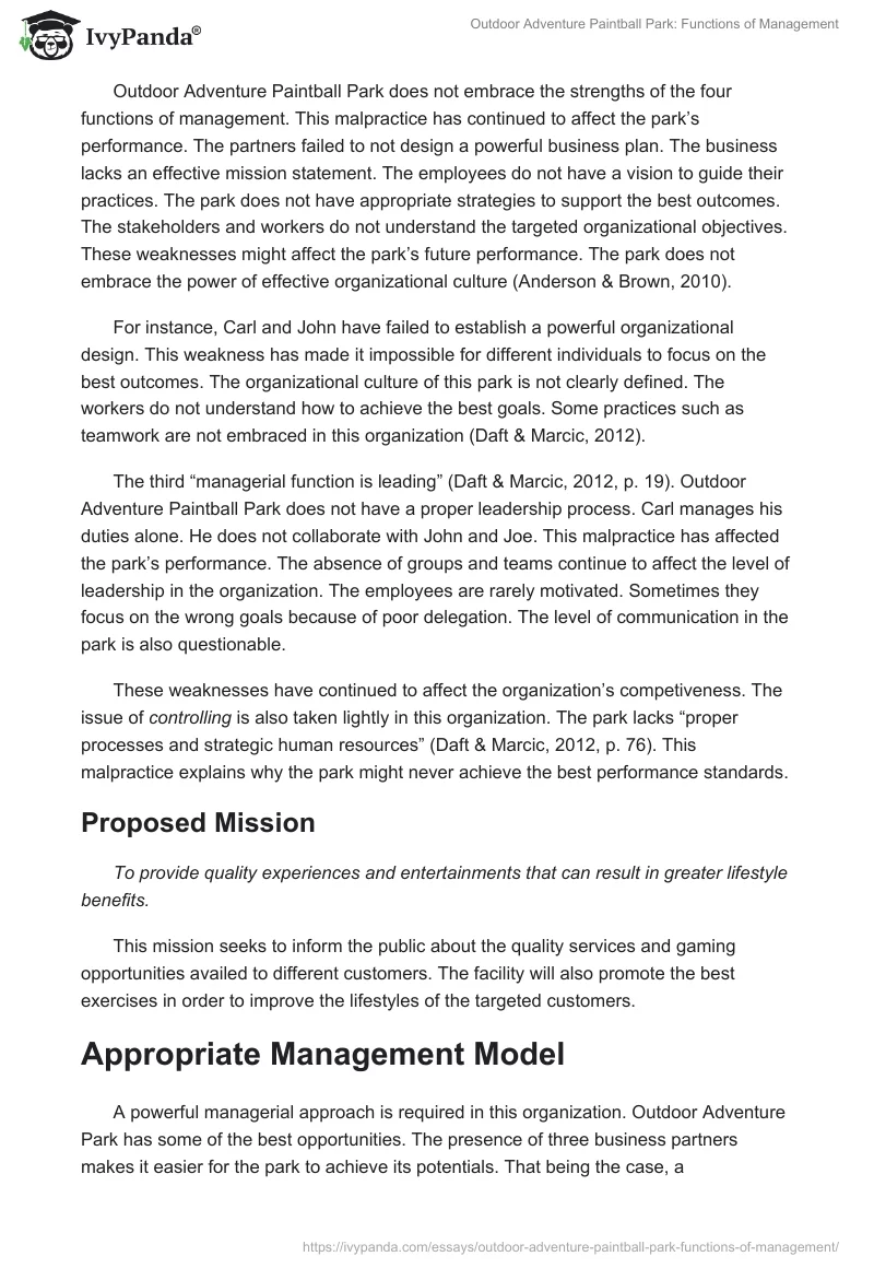 Outdoor Adventure Paintball Park: Functions of Management. Page 2