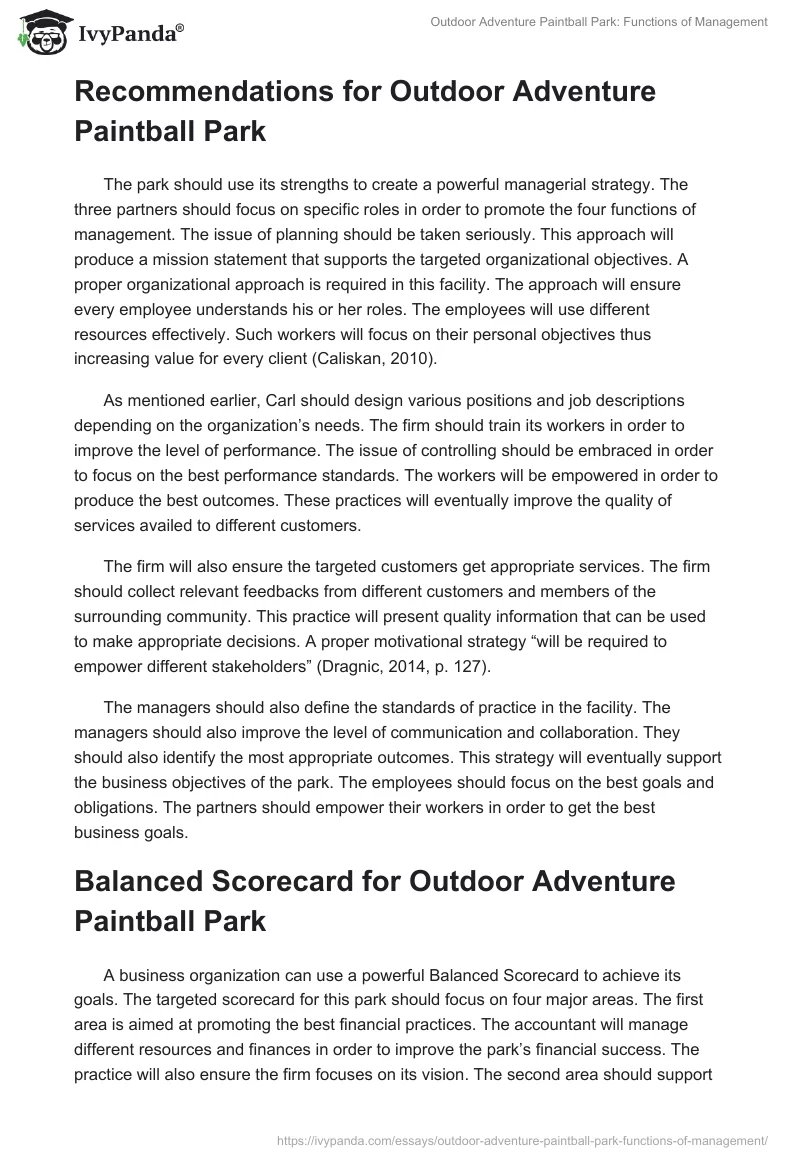 Outdoor Adventure Paintball Park: Functions of Management. Page 5