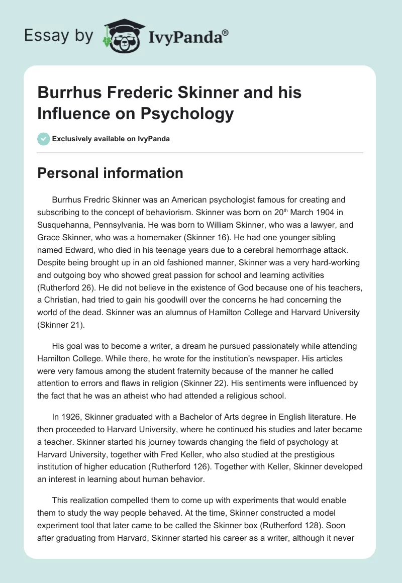 Burrhus Frederic Skinner and his Influence on Psychology. Page 1
