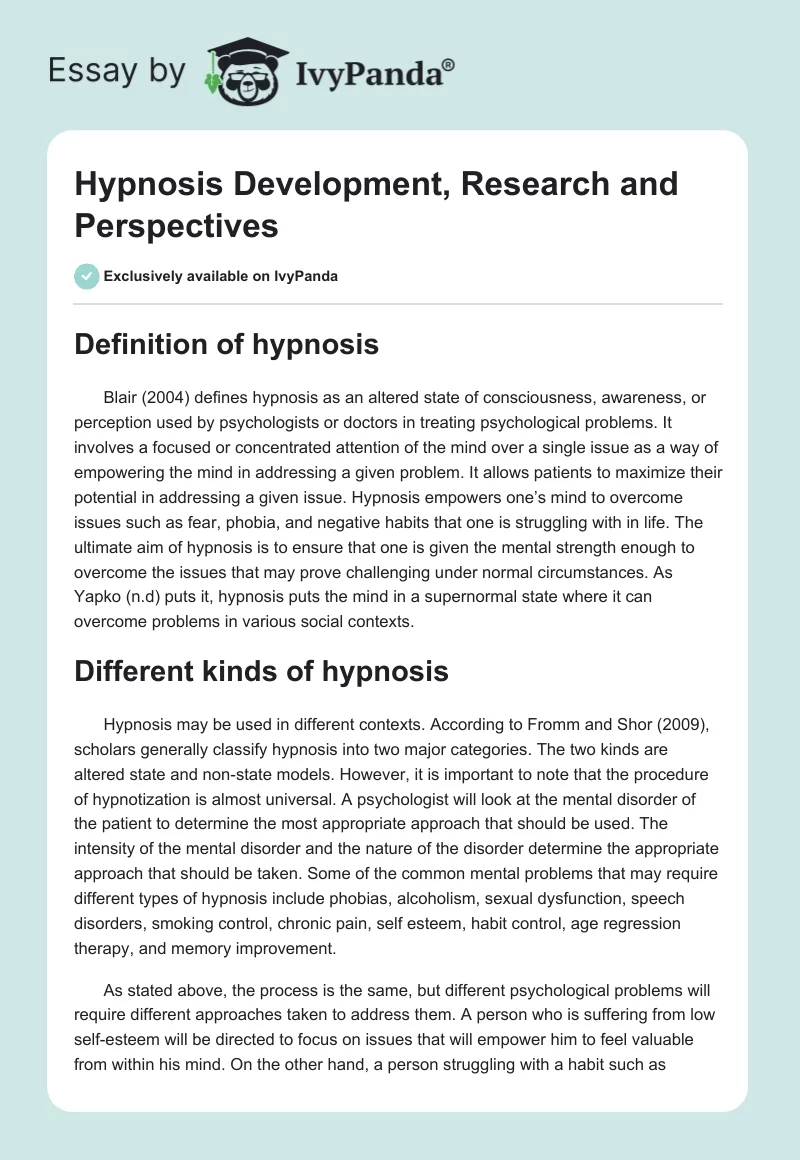 Hypnosis Development, Research and Perspectives. Page 1