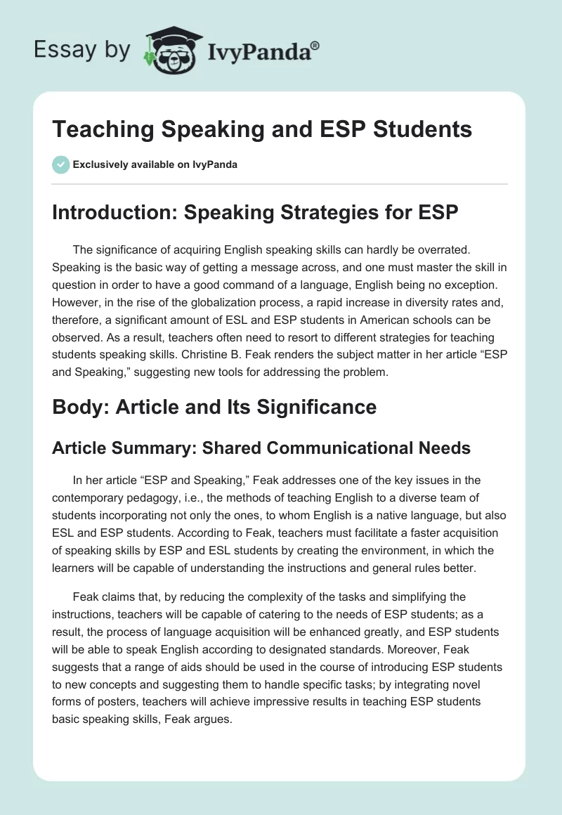 Teaching Speaking and ESP Students. Page 1