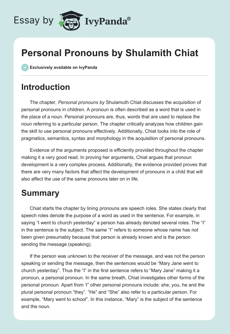 "Personal Pronouns" by Shulamith Chiat. Page 1
