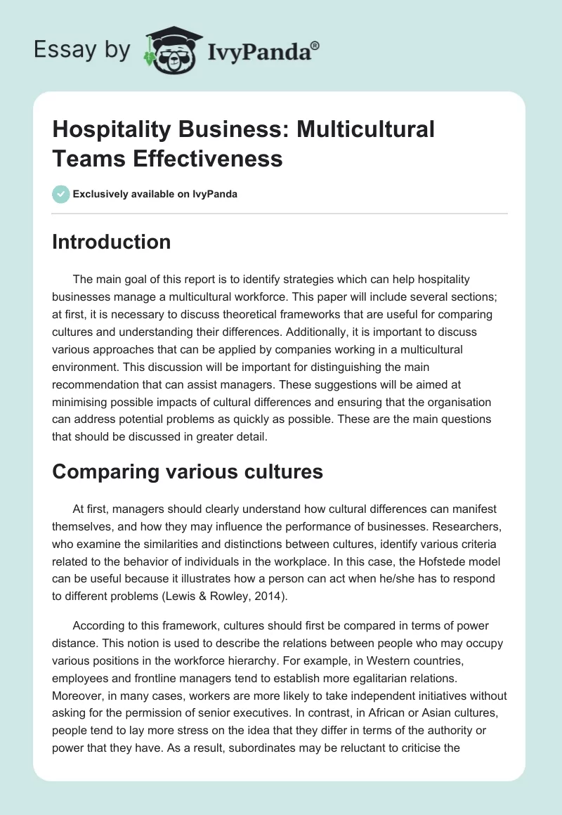 Hospitality Business: Multicultural Teams Effectiveness. Page 1