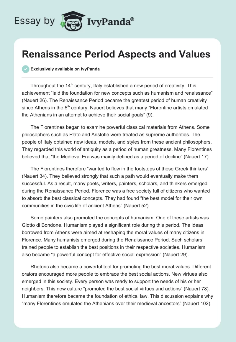 Renaissance Period Aspects and Values. Page 1