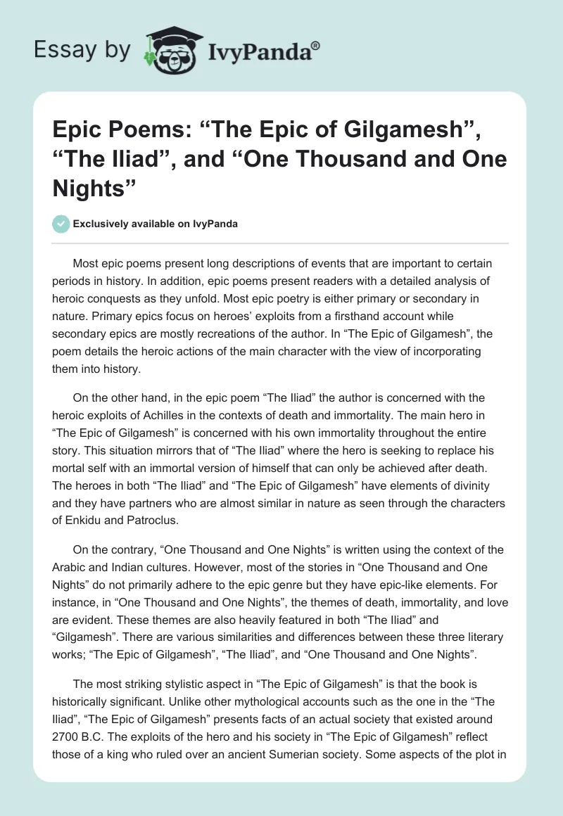 Epic Poems: “The Epic of Gilgamesh”, “The Iliad”, and “One Thousand and One Nights”. Page 1