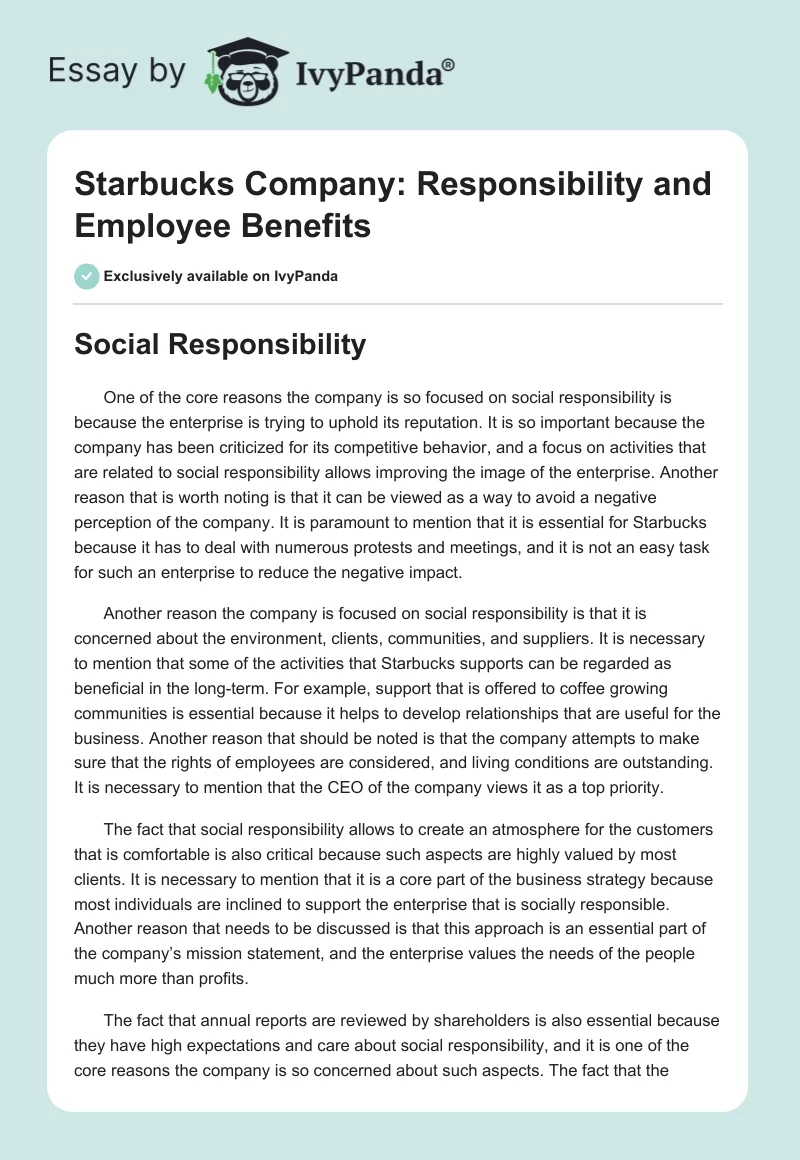 Starbucks Company: Responsibility and Employee Benefits. Page 1