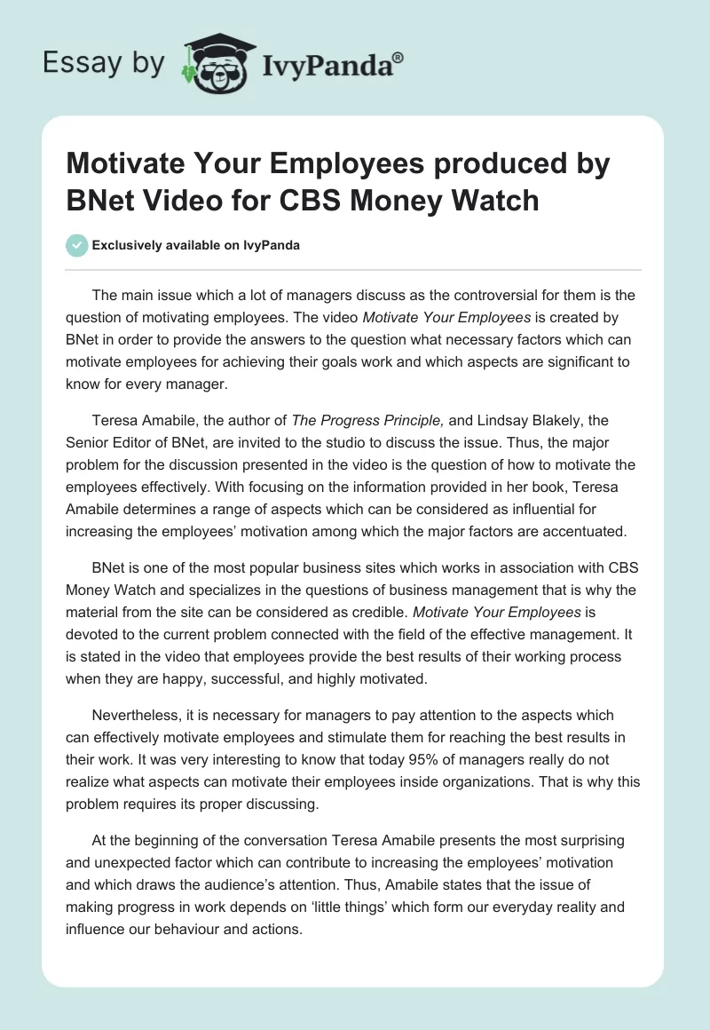 Motivate Your Employees produced by BNet Video for CBS Money Watch. Page 1
