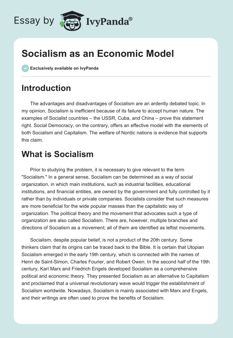 Socialism as an Economic Model. Page 1