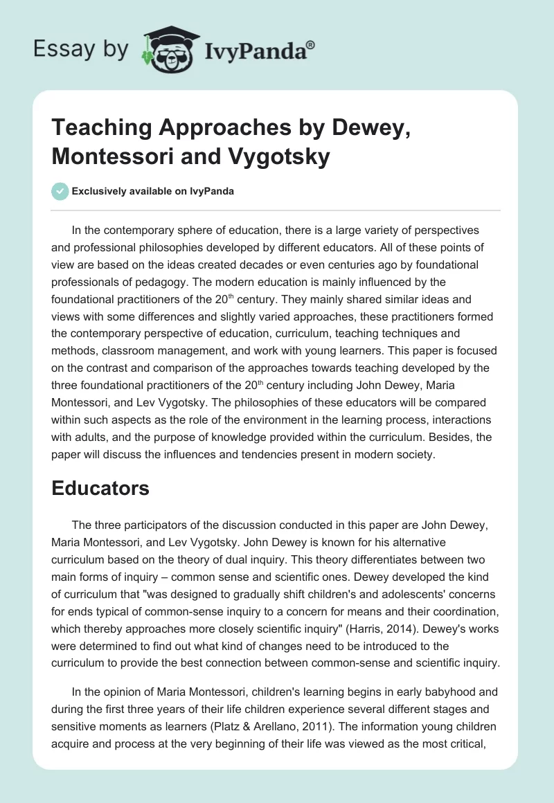 Teaching Approaches by Dewey, Montessori and Vygotsky. Page 1