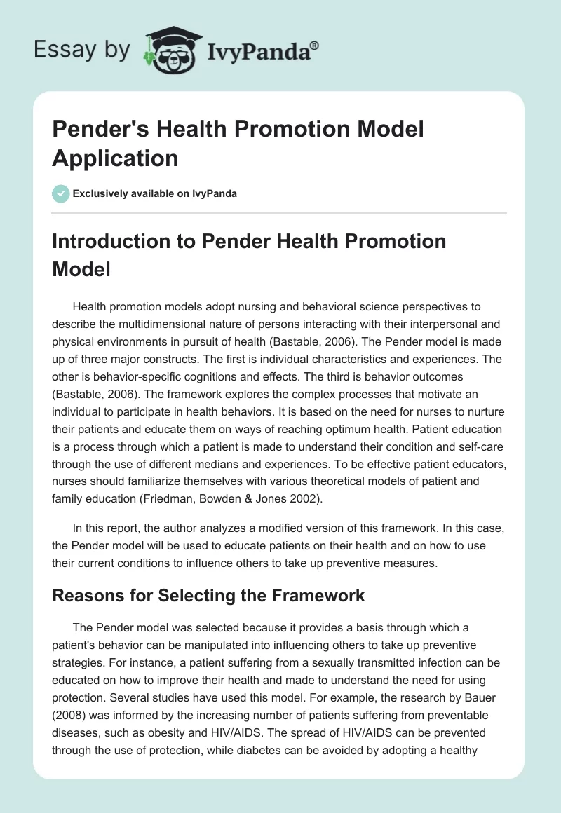 Pender's Health Promotion Model Application. Page 1