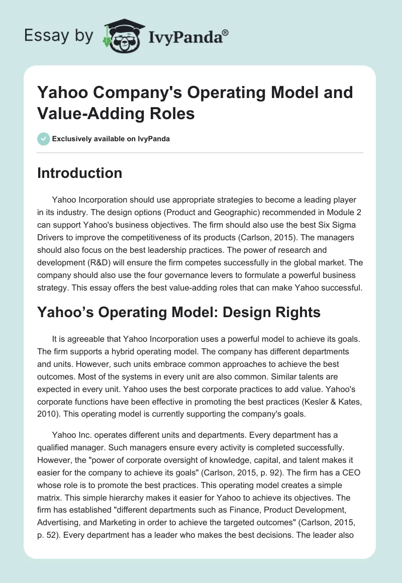 Yahoo Company's Operating Model and Value-Adding Roles. Page 1