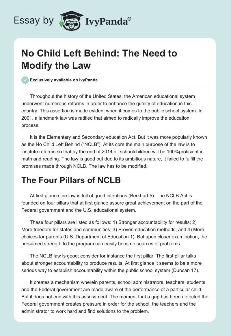 No Child Left Behind: The Need to Modify the Law. Page 1