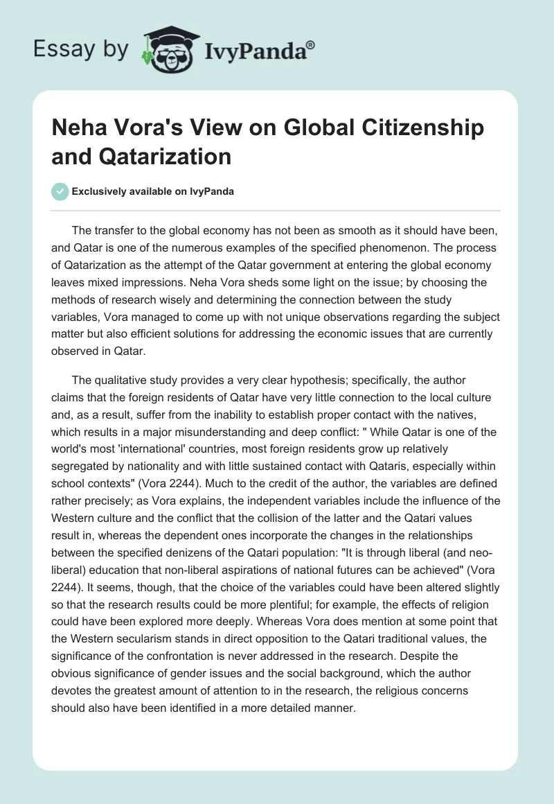 Neha Vora's View on Global Citizenship and Qatarization. Page 1