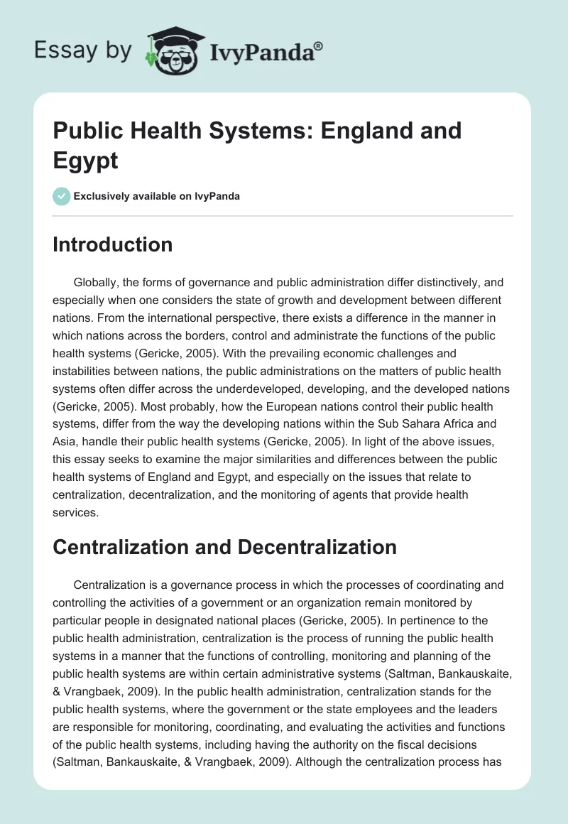 Public Health Systems: England and Egypt. Page 1