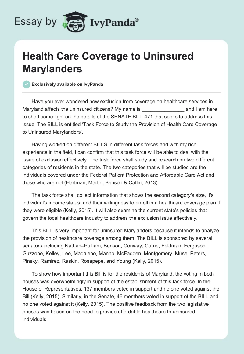 Health Care Coverage to Uninsured Marylanders. Page 1