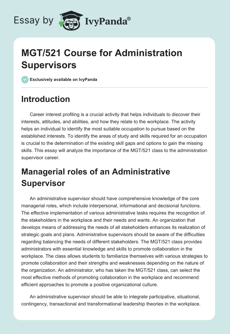 MGT/521 Course for Administration Supervisors. Page 1