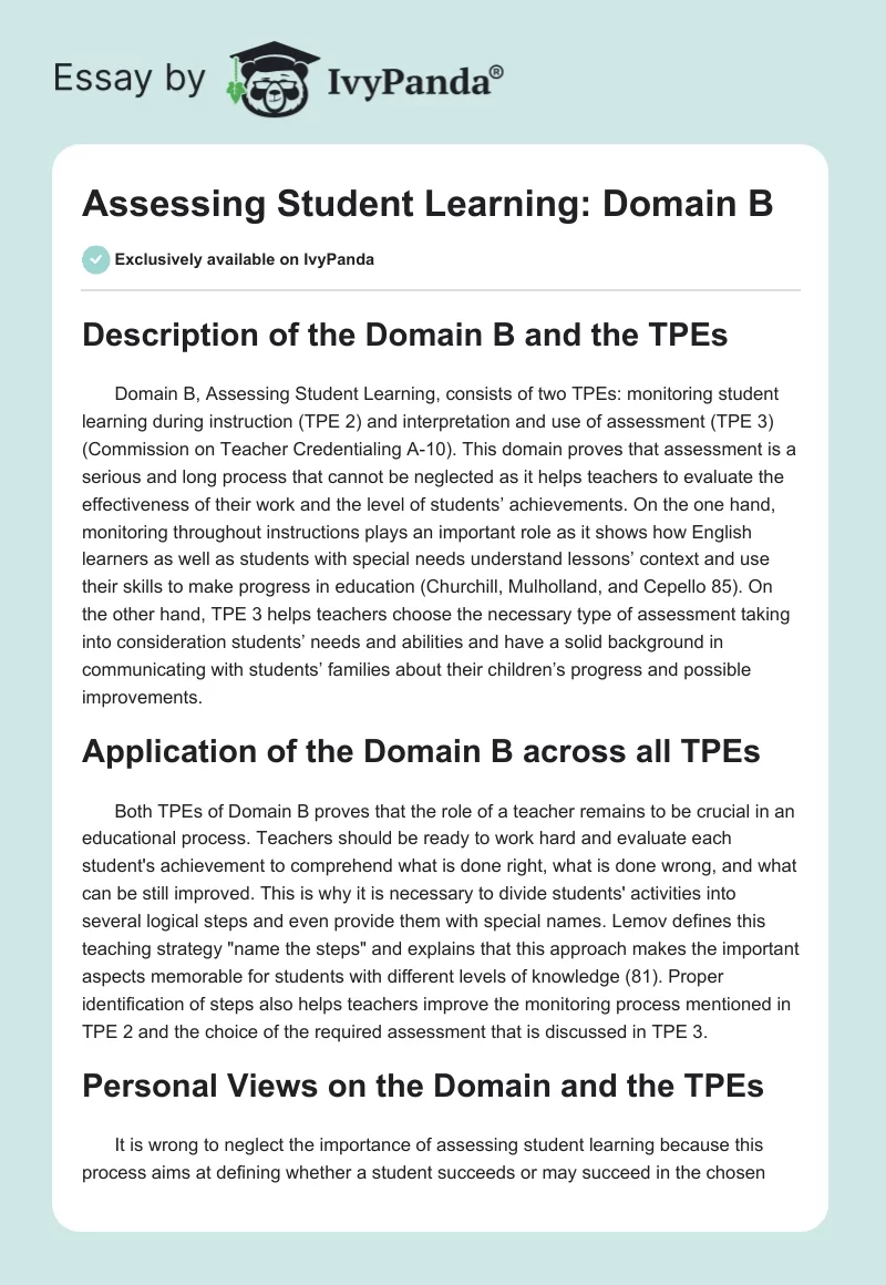 Assessing Student Learning: Domain B. Page 1