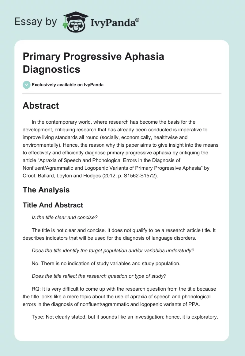 Primary Progressive Aphasia Diagnostics. Page 1