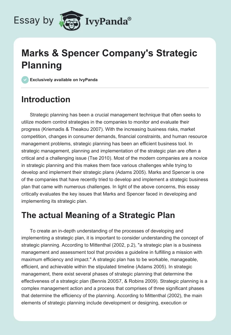 Marks & Spencer Company's Strategic Planning. Page 1