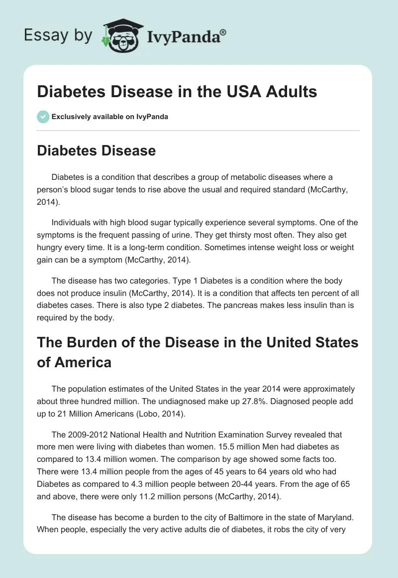 Diabetes Disease in the USA Adults. Page 1
