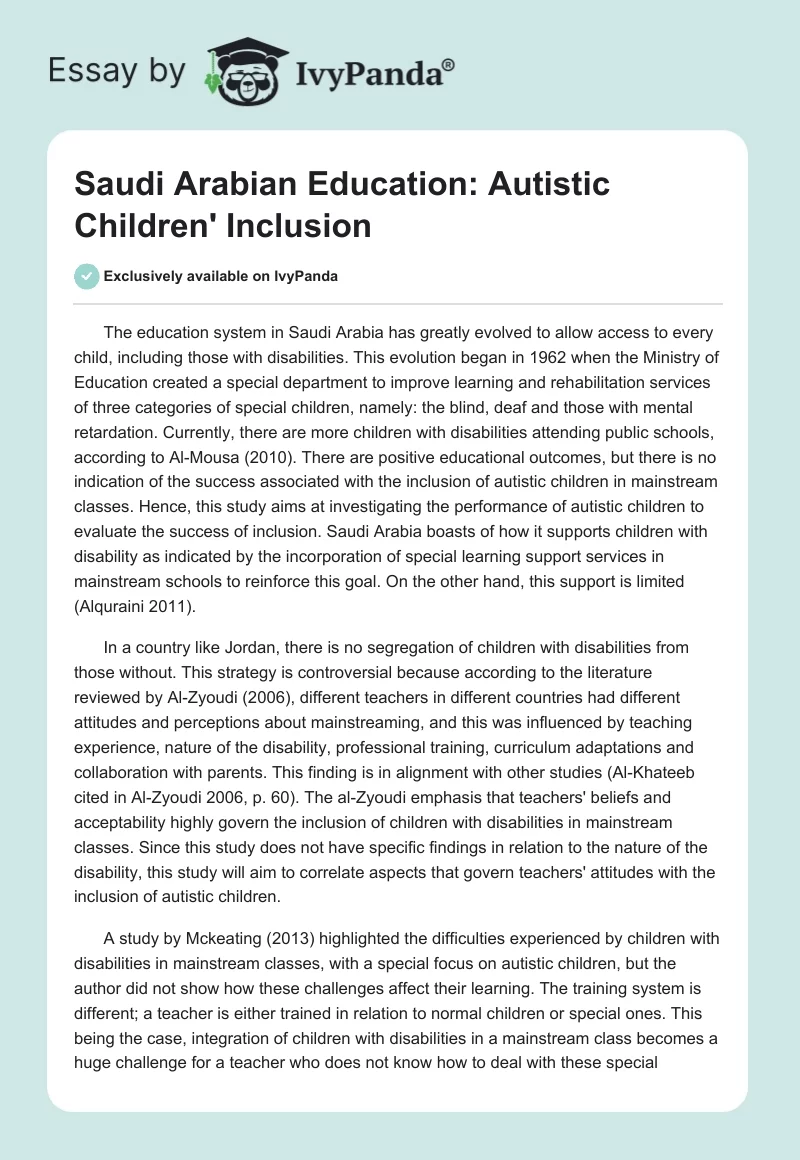 Saudi Arabian Education: Autistic Children' Inclusion. Page 1