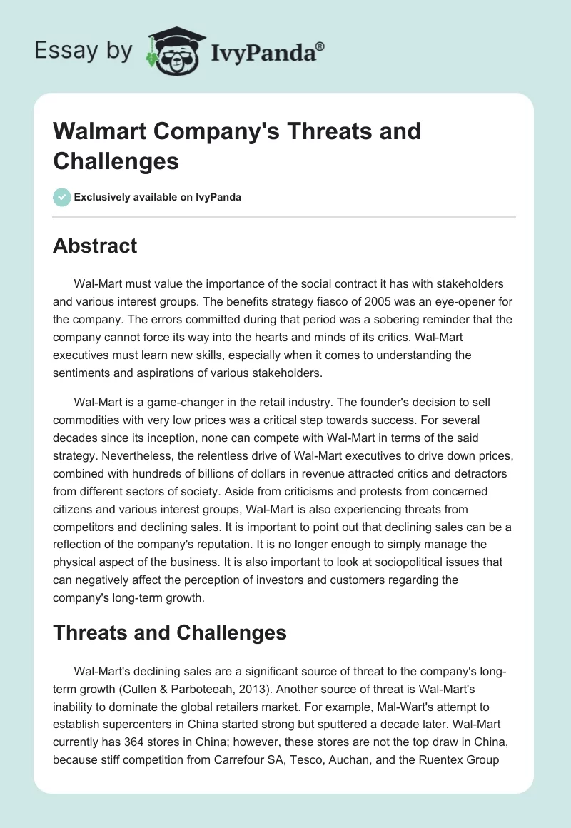 Walmart Company's Threats and Challenges. Page 1