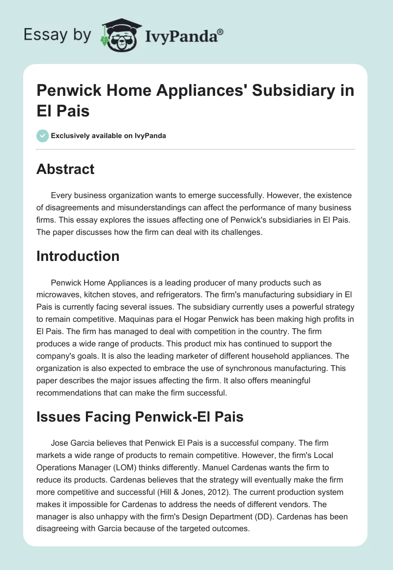 Penwick Home Appliances' Subsidiary in El Pais. Page 1