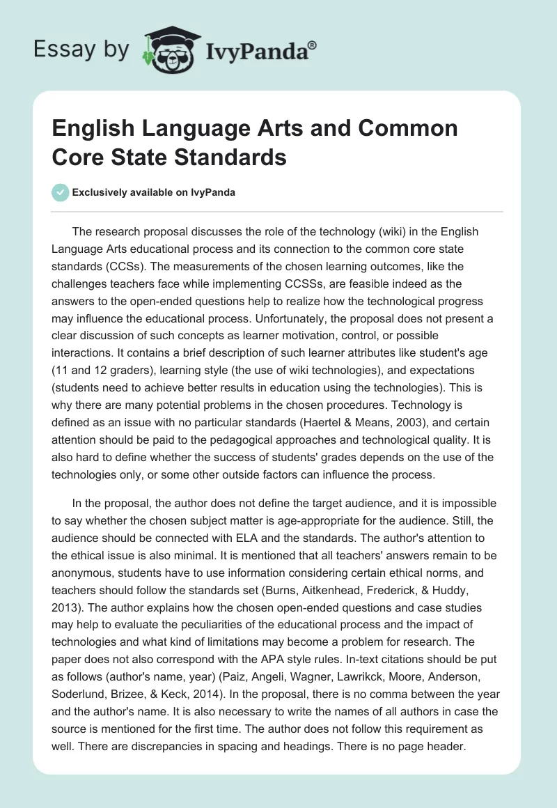 English Language Arts and Common Core State Standards. Page 1